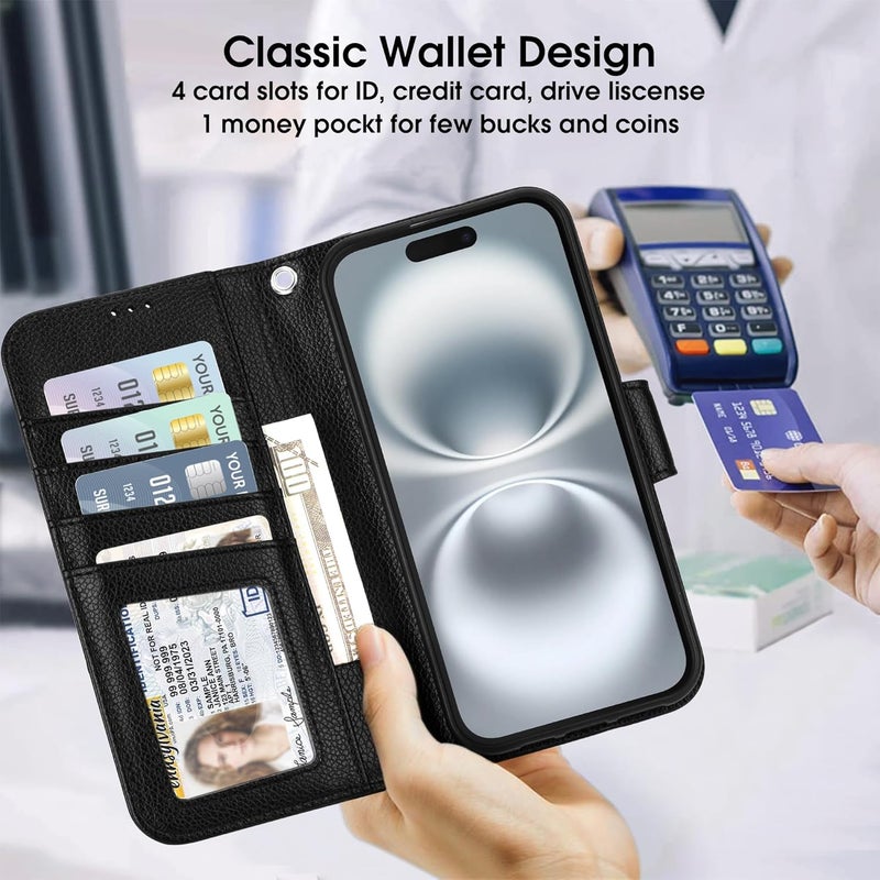 Arae Compatible with iPhone 16 Plus Case Wallet with Card Holder, Wristlet Strap Wallet Flip Cover for iPhone 16 Plus 6.7 inch Men/Women, RFID Blocking, Kickstand,Litchi Black - Image 3